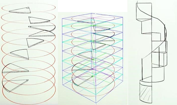 使用两点透视绘制螺旋的楼梯！
